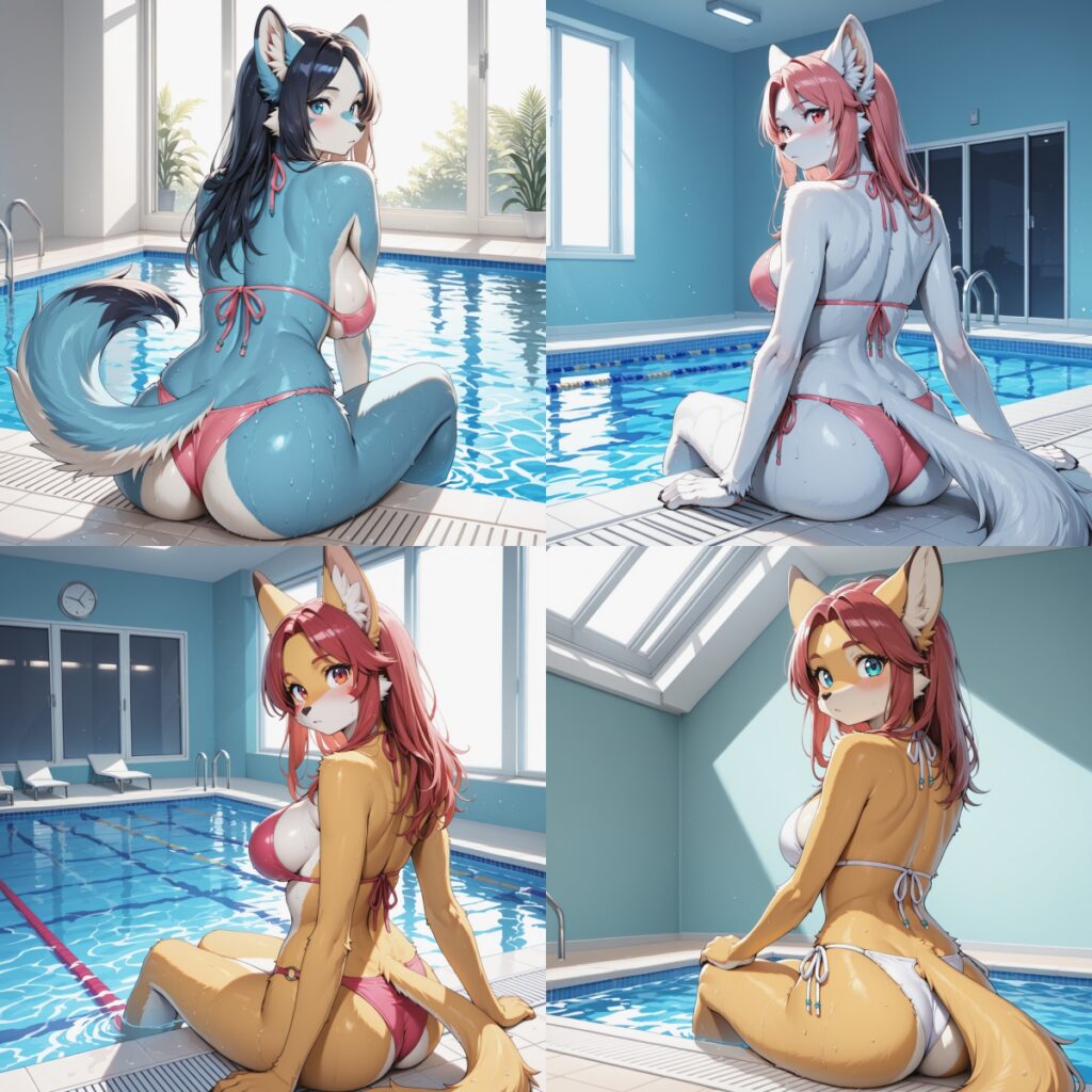 Stable Diffusionで生成した、プールサイドに座っている水着姿のメスケモ（ケモノの女の子）のAIイラスト